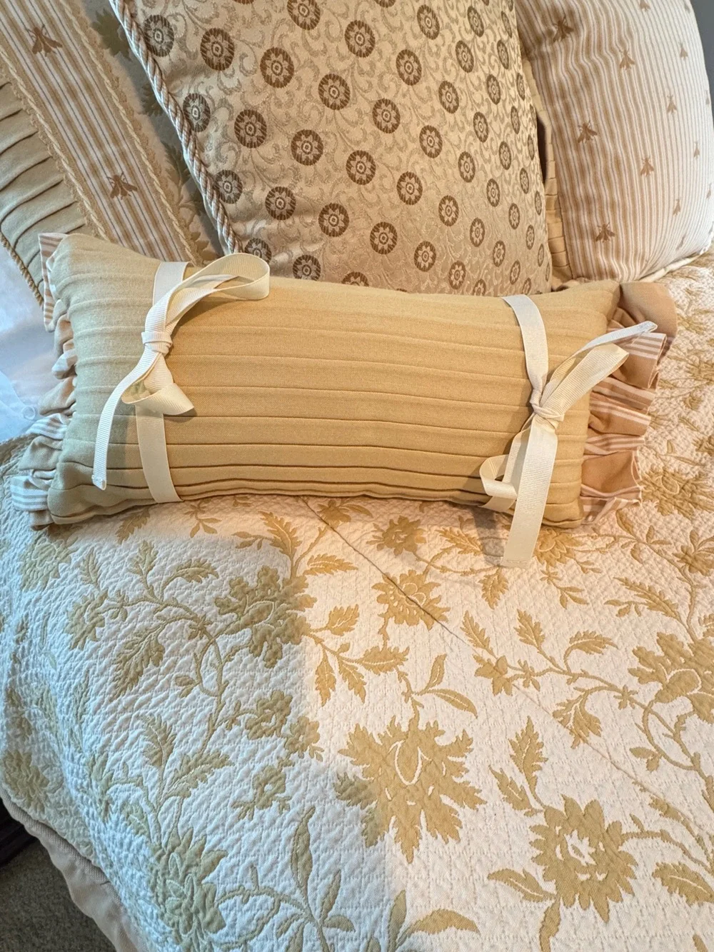 Ethan Allen Cream and Gold Floral Quilted Duvet Cover, Throw Pillows & Bedskirt